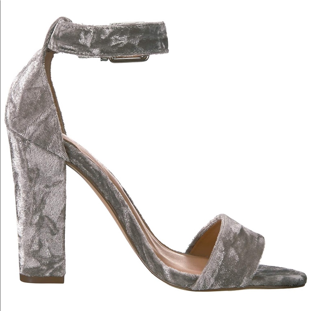 Ash Grey Plush Velvet Chunky Heel Sandal - Picture 2 of 3